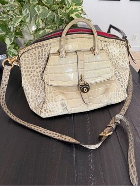 Dooney & Bourke Cream Croc-Embossed Leather Shoulder Bag with Red Lining